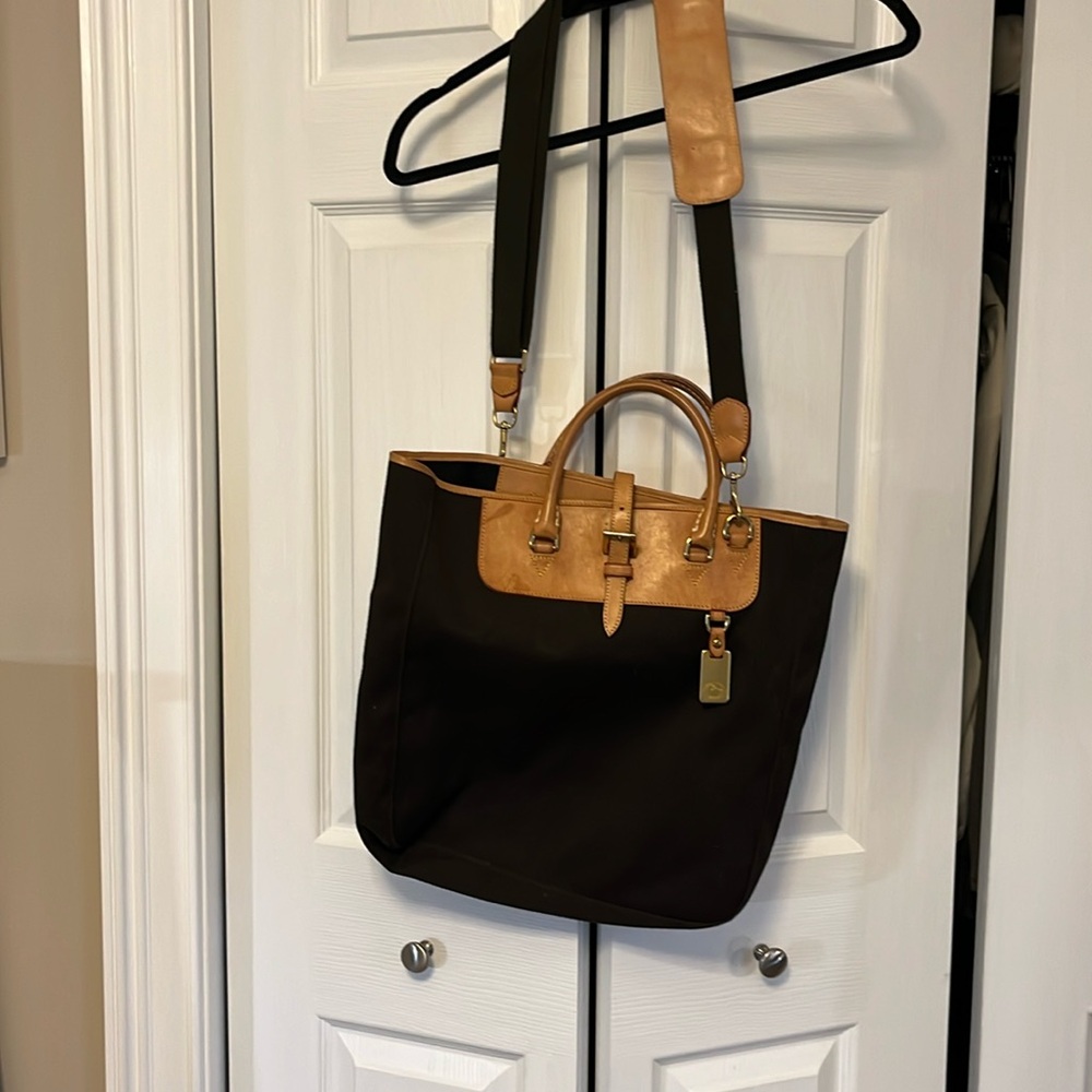 Dooney & Burke brown twill with British tan, genuine leather trim, and straps
